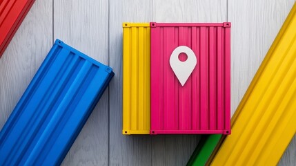Colorful Storage Containers with Location Pin on Wooden Surface