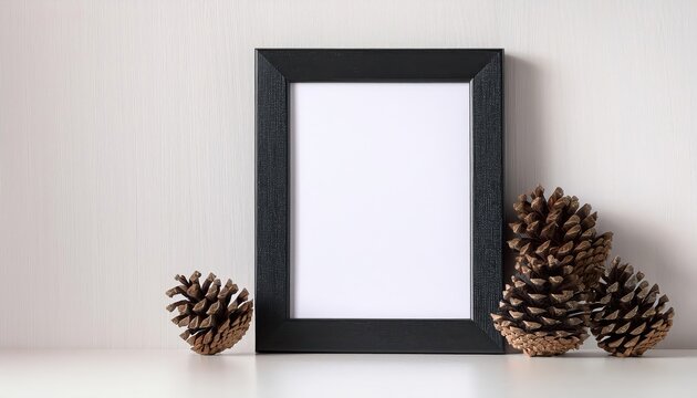 Black Vertical Blank Wooden Frame Showcasing a Serene Arrangement of Pine Cones Against a White Background, Evoking a Natural, Minimalist Aesthetic Perfect for Modern Art and Home Decor.