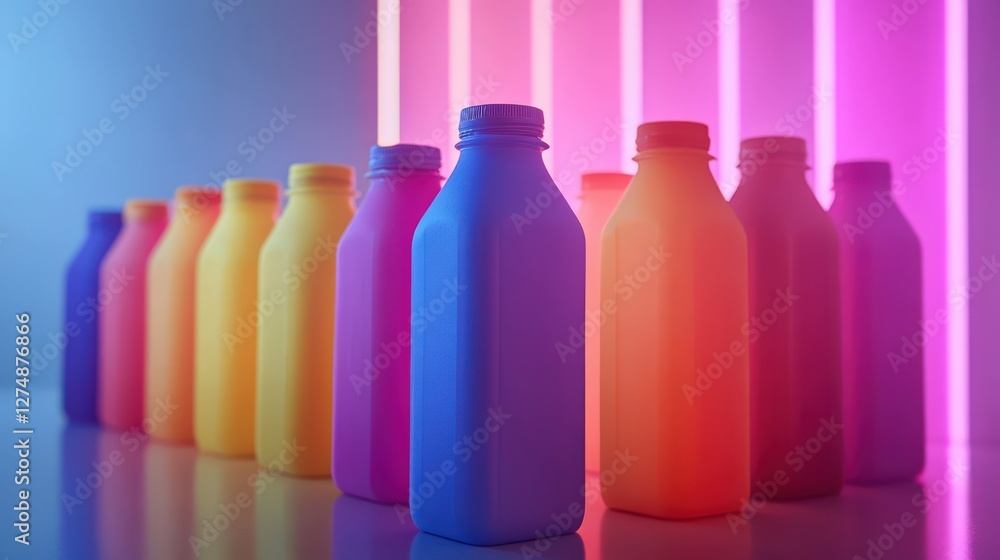 Poster vibrant collection of colorful bottles arranged in a striking pattern against a neon backdrop