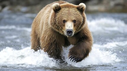 Obraz premium Grizzly bear wading in a fast flowing river