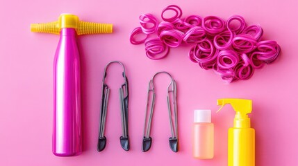 Naklejka premium A flat lay of hair rollers, section clips, and a heat protection mist bottle