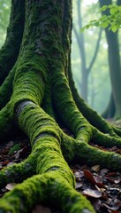 Twisted tree roots with dark moss, eerie landscape, twisted trees, dark moss, nature
