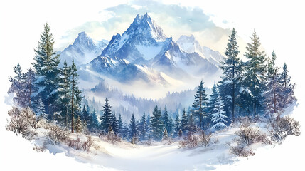 Fototapeta premium Snow covered mountains with trees on snowy day for travel backgrounds and desktop wallpaper