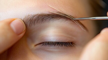 A magnified view of eyebrow hairs being trimmed to create a symmetrical shape