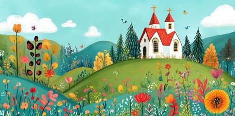 Obraz premium Colorful landscape illustration featuring a church atop a grassy hill