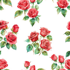 Watercolor red roses on white background. Seamless pattern, vector illustration.  Texture for fabric, wrapping, wallpaper. Decorative print.