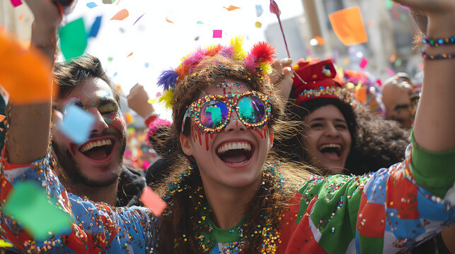 A vibrant and joyful scene of people celebrating at a carnival, wearing colorful costumes and sunglasses, surrounded by flying confetti