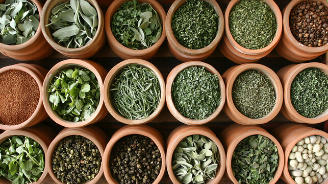 A top-down view of neatly arranged clay pots filled with a variety of fresh and dried herbs