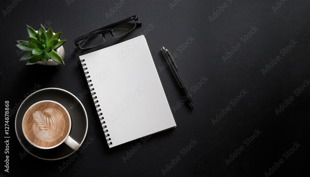Aufkleber minimalistic black workspace with a steaming coffee, empty spiral notepad and ample copy space a mod