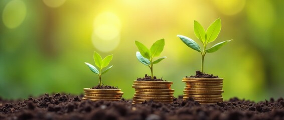 A symbolic representation of financial growth, sustainability, and investments illustrated using plants growing on coins surrounded by soil with a vibrant natural background.

