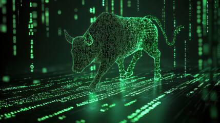 A Digital bull silhouette formed by glowing green code, creating glitch effect. High tech, mysterious aesthetic with smooth