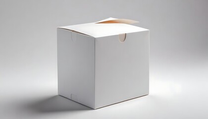 Partially Opened Blank White Cardboard Box on a Gray Background