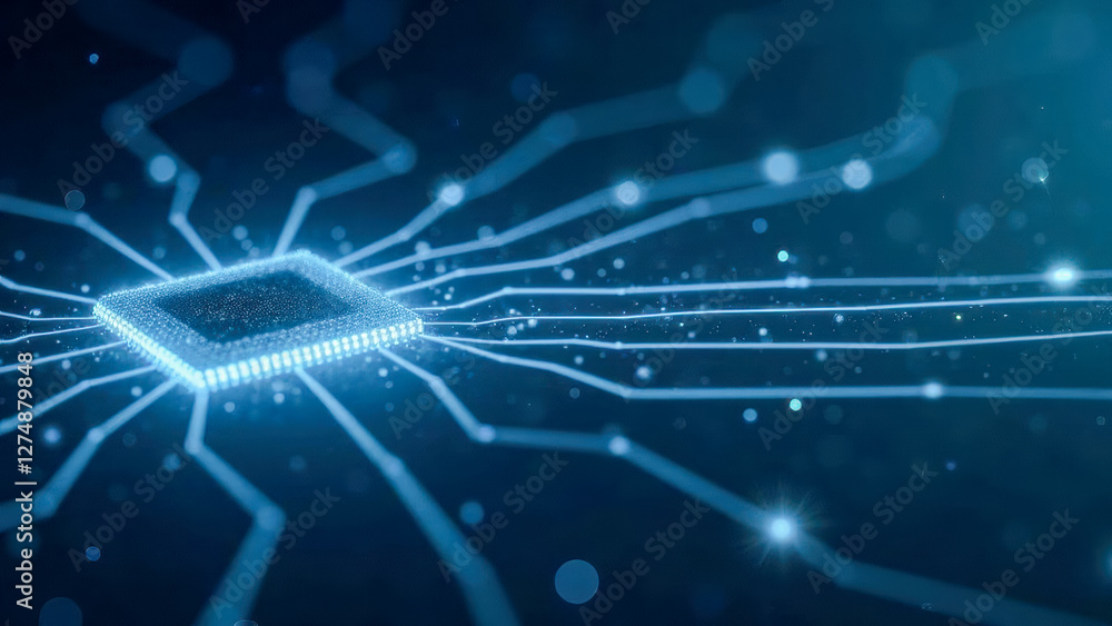 Poster abstract close-up view of a glowing microchip with light trails, representing digital technology, da