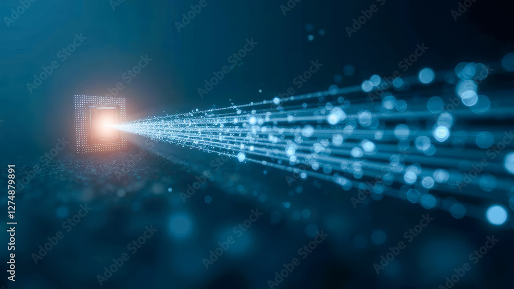 Poster abstract digital tunnel with bright light and glowing particles creating a futuristic atmosphere for
