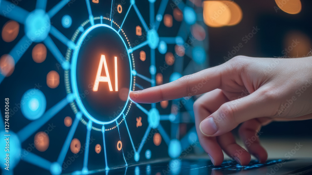 Poster futuristic hand touching glowing ai interface on a computer screen representing artificial intellige