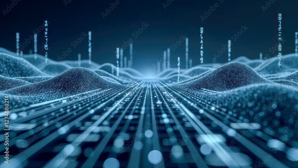 Poster abstract digital landscape with glowing particles and flowing data streams in a futuristic environme