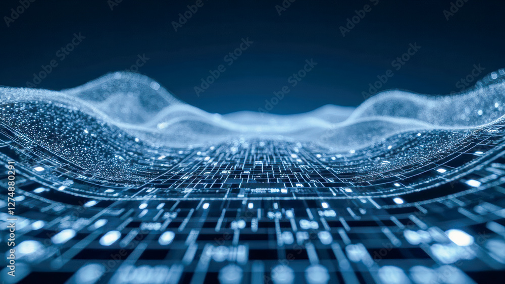 Poster digital landscape of glowing waves and data points representing advanced technology and connection i