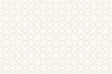 Seamless intersecting circles weave pattern background with gold thin lines, luxurious oriental art deco texture. Minimalist mesh, lattice tile vector.