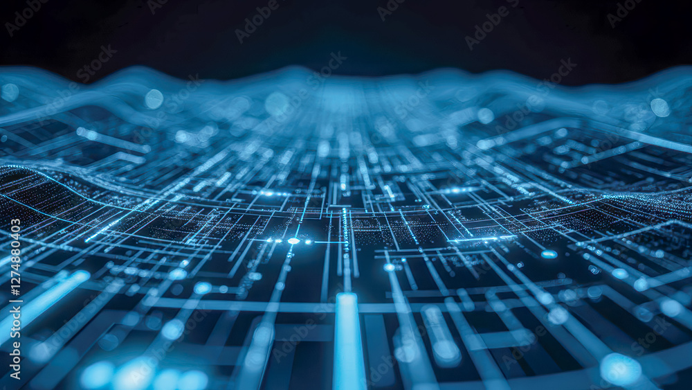 Poster futuristic digital landscape with blue light waves and circuit patterns in a high-tech environment f