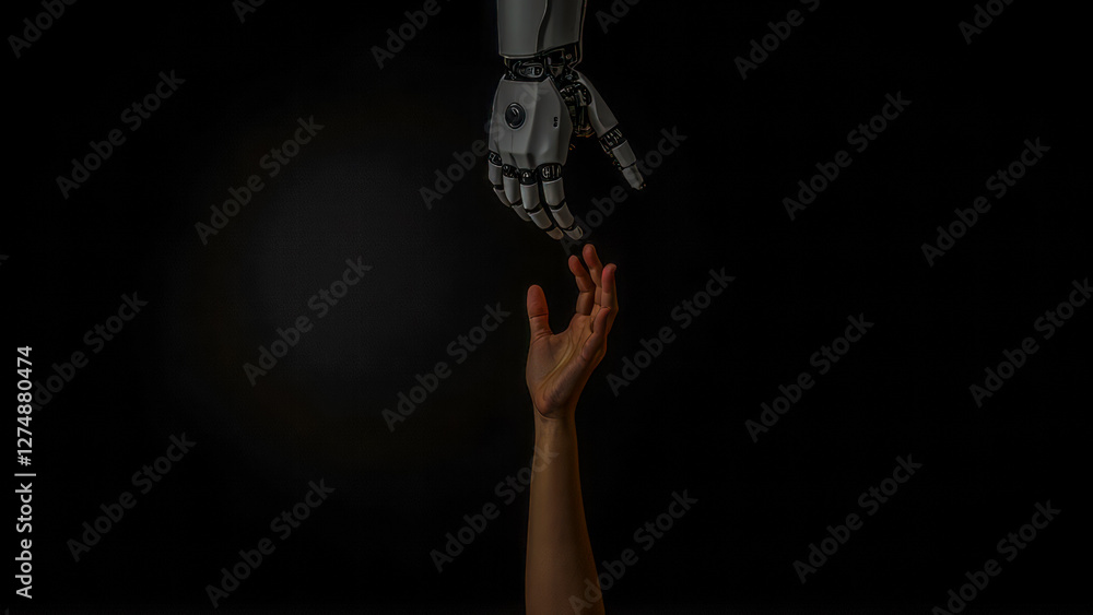 Poster human connection with robot hand reaching out in dark background representing the future of technolo