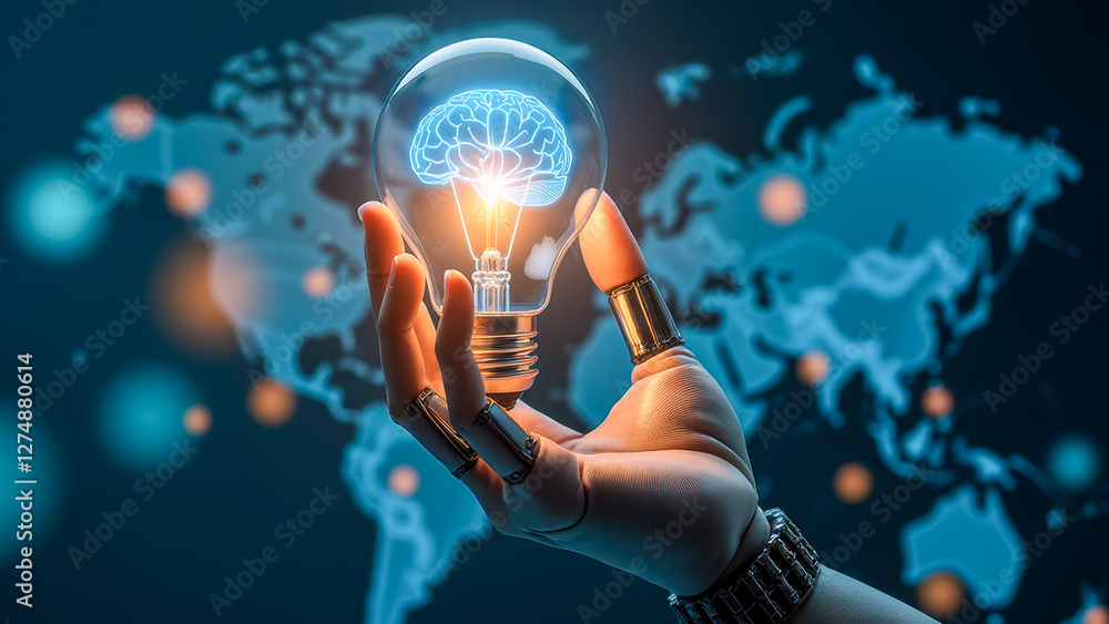 Poster futuristic robot hand holding illuminated light bulb with brain design symbolizing innovation and gl