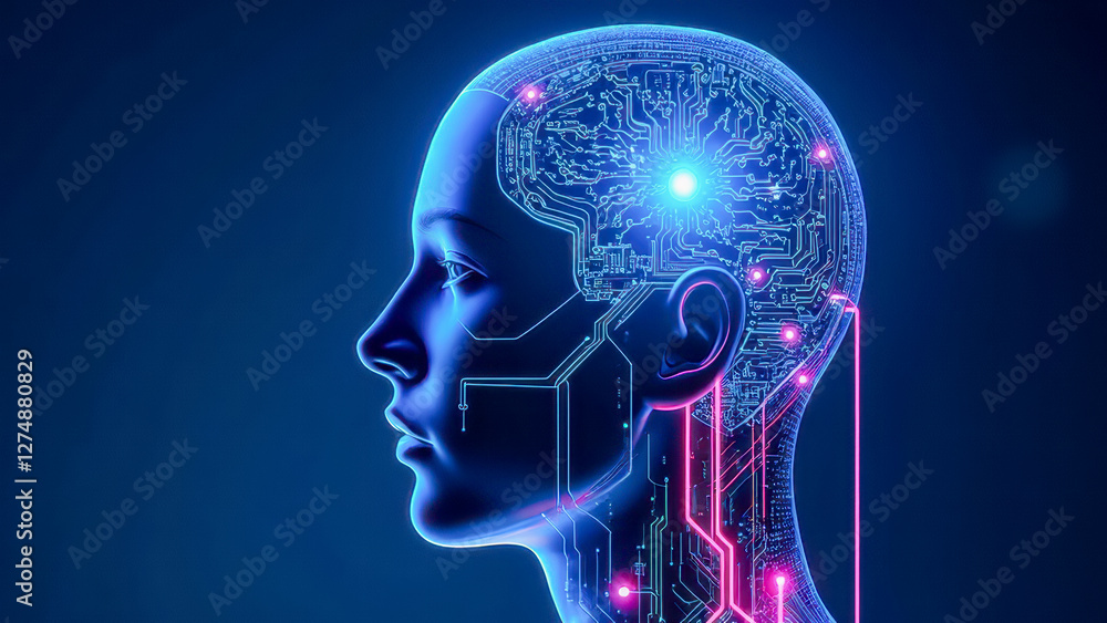 Aufkleber futuristic human head with circuit patterns showcasing artificial intelligence concept in vibrant ne