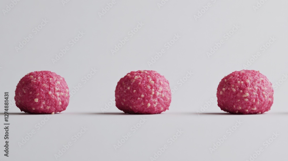 Poster three pink textured balls arranged in a row on a minimalist background for creative use