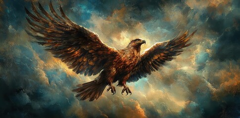 Golden eagle soars majestically through a dramatically clouded sky
