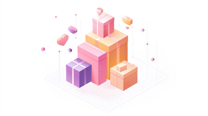 A Colorful gift boxes stacked together with hearts floating around them