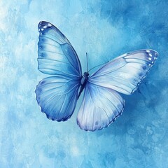 A beautiful blue butterfly with wings spread on blue backdrop