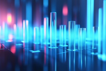 Neon city data visualization; glowing glass bars