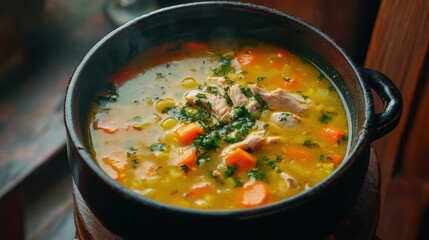 Steaming chicken soup, rustic kitchen