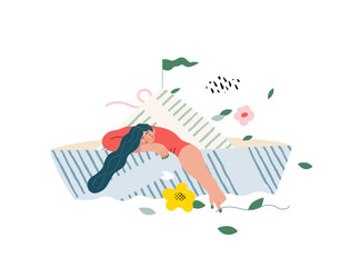 Life Unframed: Paper boat -modern flat vector concept illustration of girl floating in paper boat. A metaphor of unpredictability, imagination, whimsy, cycle of existence, play, growth and discovery