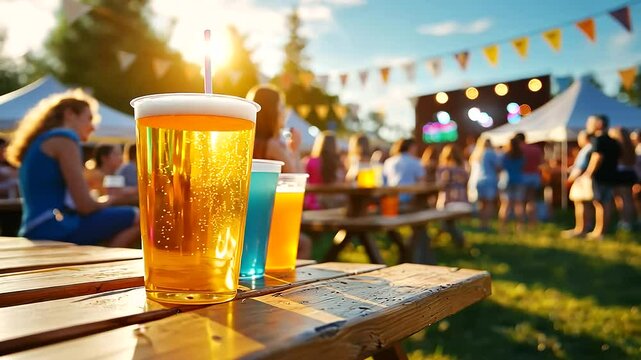 Friends enjoying a lively summer music festival beneath a clear blue sky.