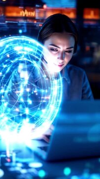 Woman working at laptop, network graphic, modern workspace