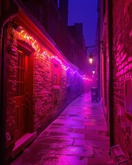 A narrow alleyway illuminated by colorful lights, creating a mystical atmosphere in a foggy setting.