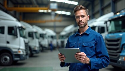 A professional fleet manager stands in a truck warehouse, examining logistics on a tablet, symbolizing industry operations, technology integration, and efficient transportation management.


