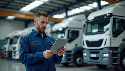 A professional fleet manager stands in a truck warehouse, examining logistics on a tablet, symbolizing industry operations, technology integration, and efficient transportation management.