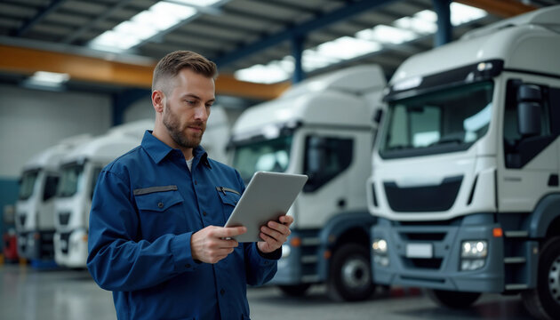 A professional fleet manager stands in a truck warehouse, examining logistics on a tablet, symbolizing industry operations, technology integration, and efficient transportation management.

