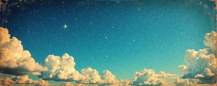Vintage sky with clouds and stars on aged paper texture, sky, vintage, paper