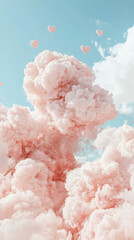 Vertical dreamy background featuring fluffy pink clouds against a bright blue sky with floating hearts. Perfect for romantic designs, social media, greeting cards, and creative projects.