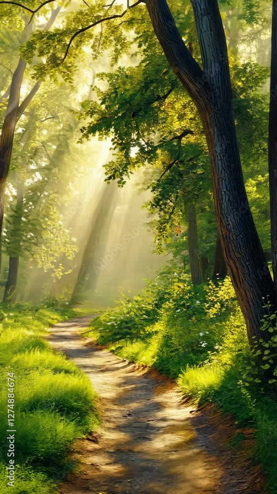 Poster sunlight filters through trees on a serene forest path in the early morning
