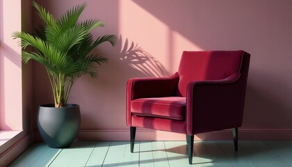 Stylish interior design featuring a vibrant pink red purple chair and a verdant potted plant in a sunlight-filled pink room. Ideal for concepts of home elegance, minimalism, and bright living spaces

