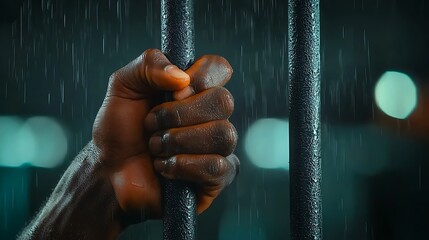 A close-up of a hand gripping a metal bar in a rainy environment, symbolizing struggle and confinement