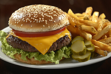 Juicy Cheeseburger with Crispy Fries and Pickles