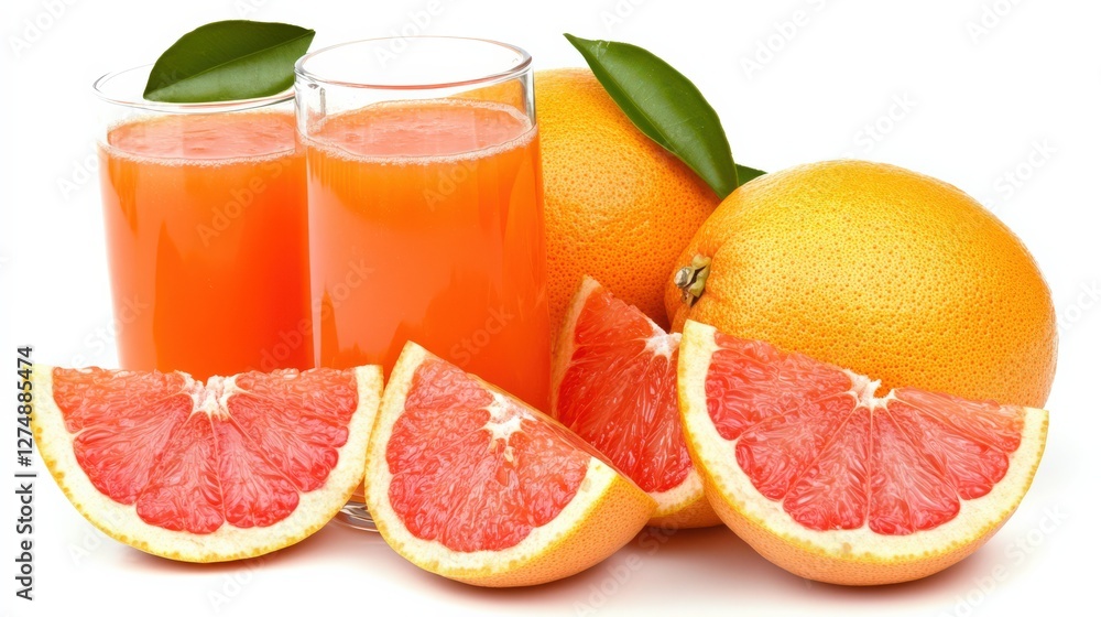 Aufkleber freshly squeezed grapefruit juice with whole grapefruits and slices arranged attractively