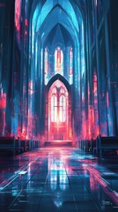 Fototapeta premium Majestic church interior displays vibrant stained glass windows and architecture