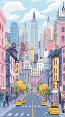 Cartoon style rendering of new york city street scene