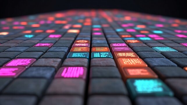 revenue mosaic with neon codes and animated elements