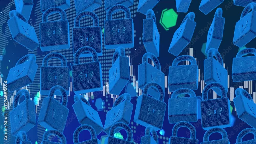 Poster security hologram virtual hud pin with shield and lock. concept of finance data privacy and smartpho